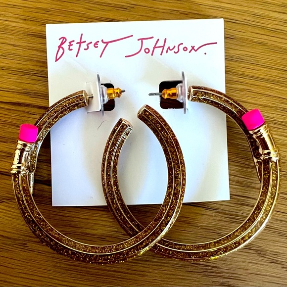 Betsey Johnson Book Smart Gold Tone Glitter Enamel Pencil Hoop Earrings NWT - Picture 1 of 3